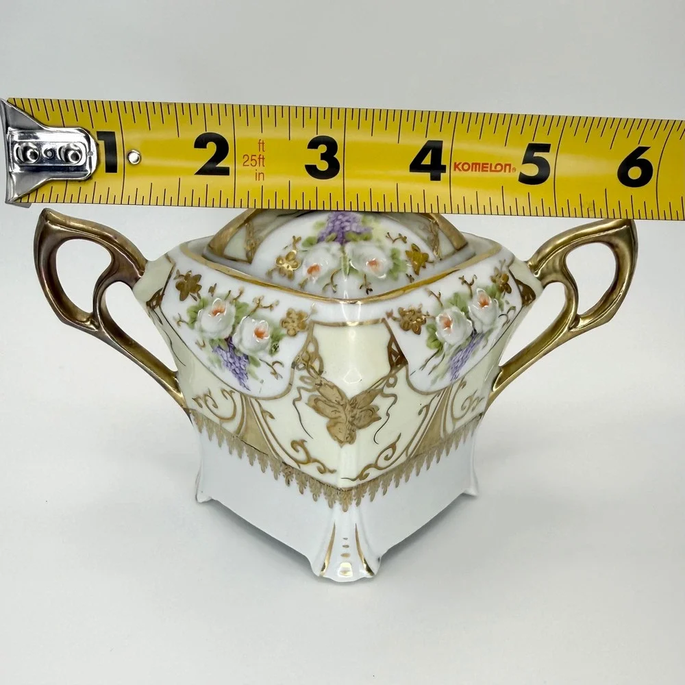 Vintage Silesia Porcelain Sugar Bowl with Lid Gold Gilt Floral Design‎ Coquette